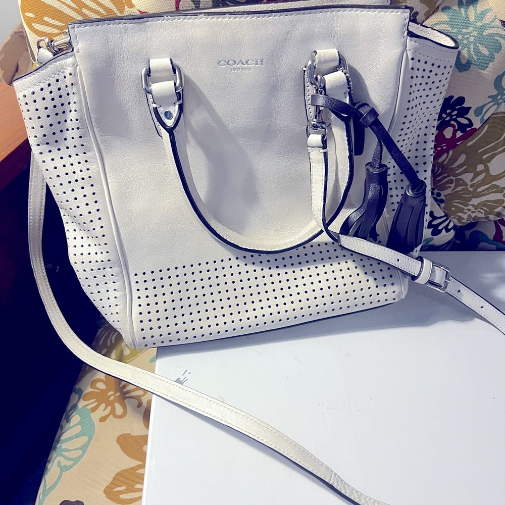 Real COACH white satchel 9.5” x 12” with navy blue tassel